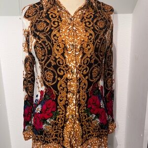 Carole Little Brown and Gold Floral Button Down Shirt